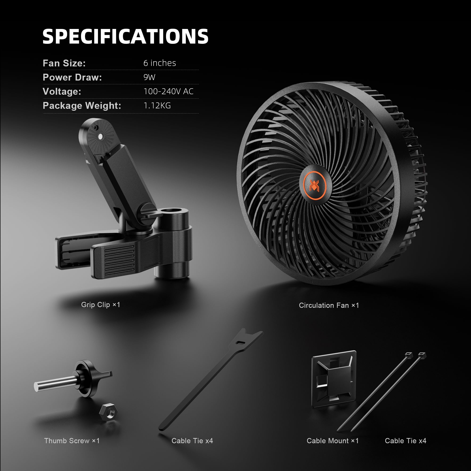 Spider Farmer fan next to hand for scale illustrating compact size and portability