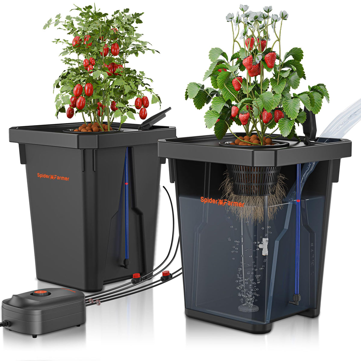 Spider Farmer front setup showing two DWC buckets and accessories for easy indoor growing