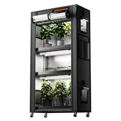 Spider Farmer front view of full 4-tier greenhouse shelf showing compact footprint and mobility