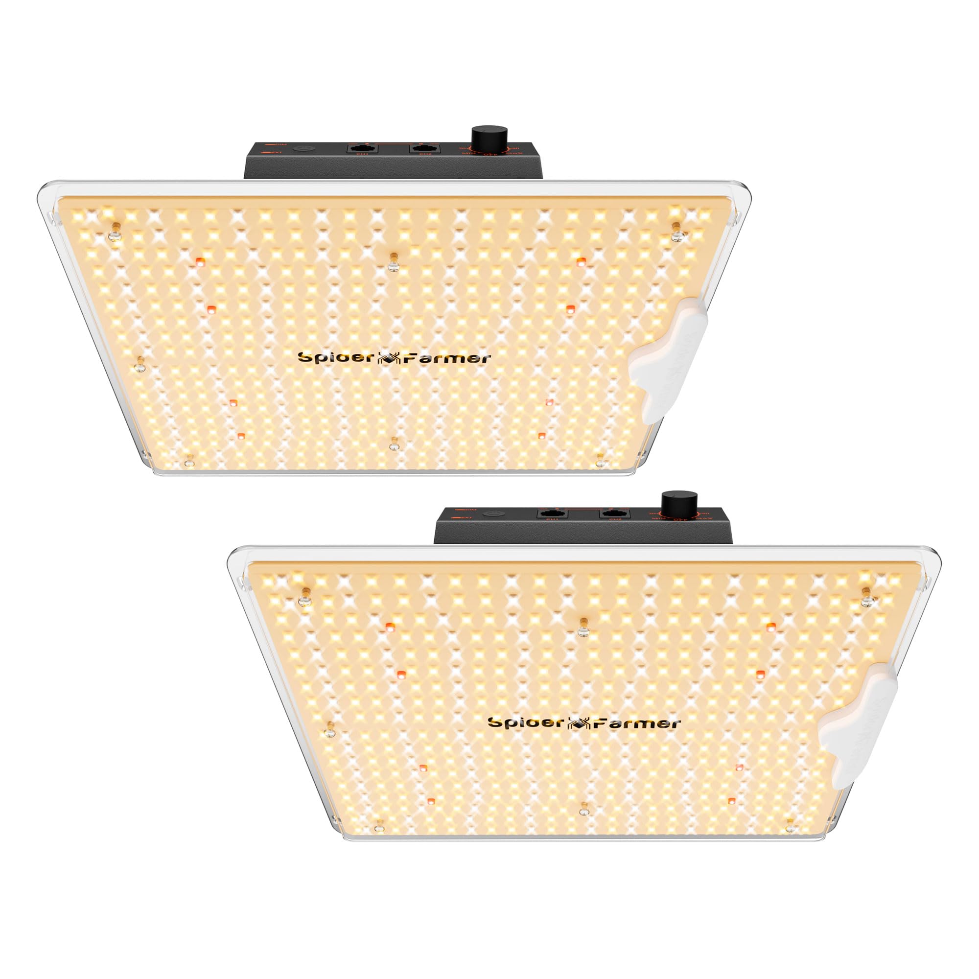 Spider Farmer front view of dual panels showing uniform light for canopy growth