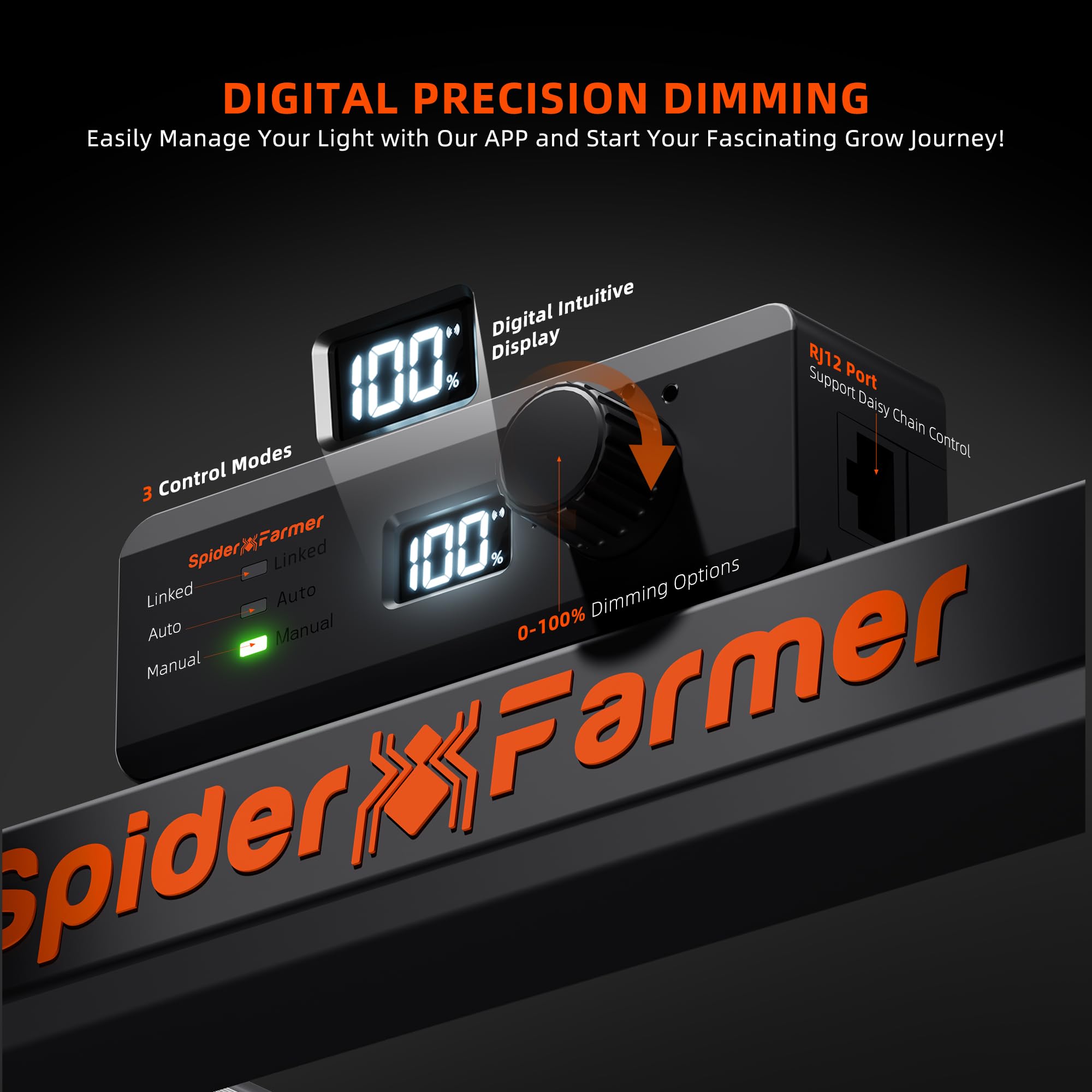Spider Farmer G1500 digital display close view showing brightness control benefit
