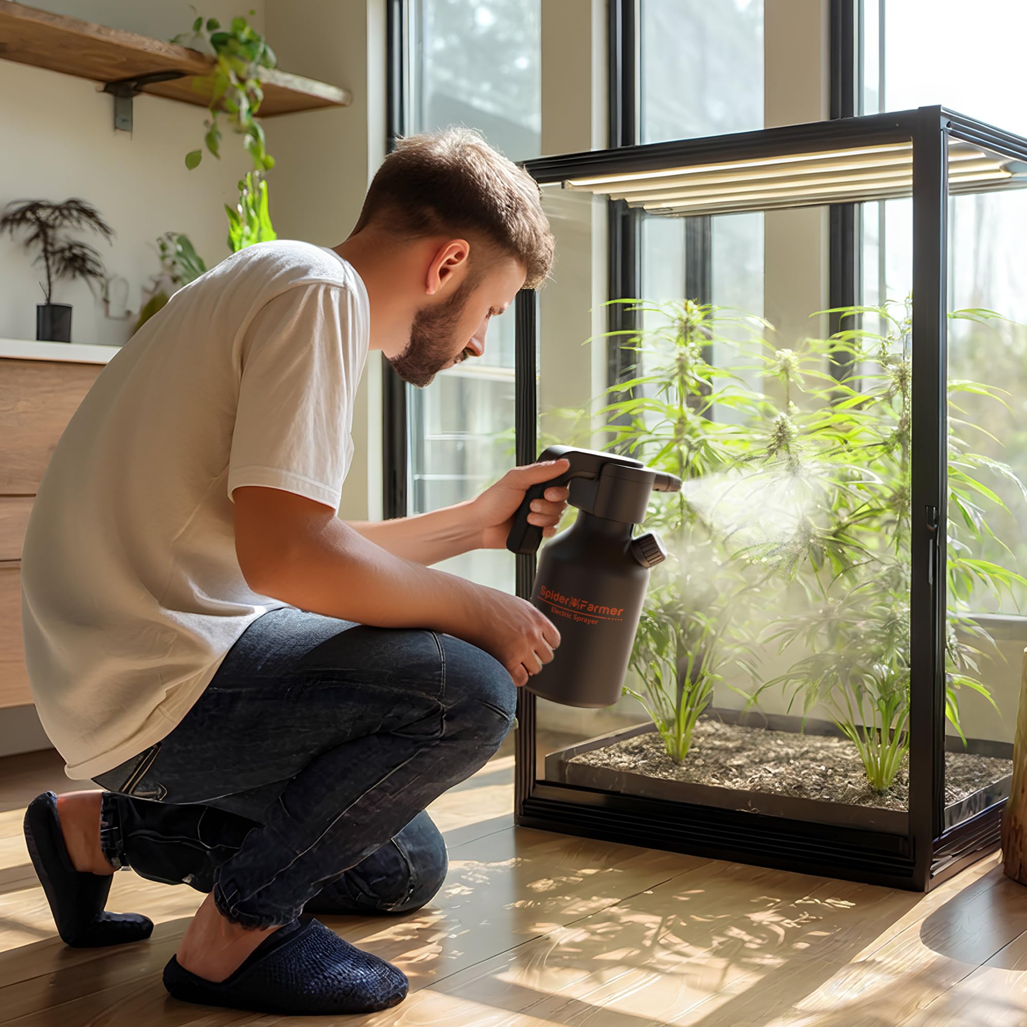 Spider Farmer sprayer in lifestyle indoor plants scene enabling gentle misting