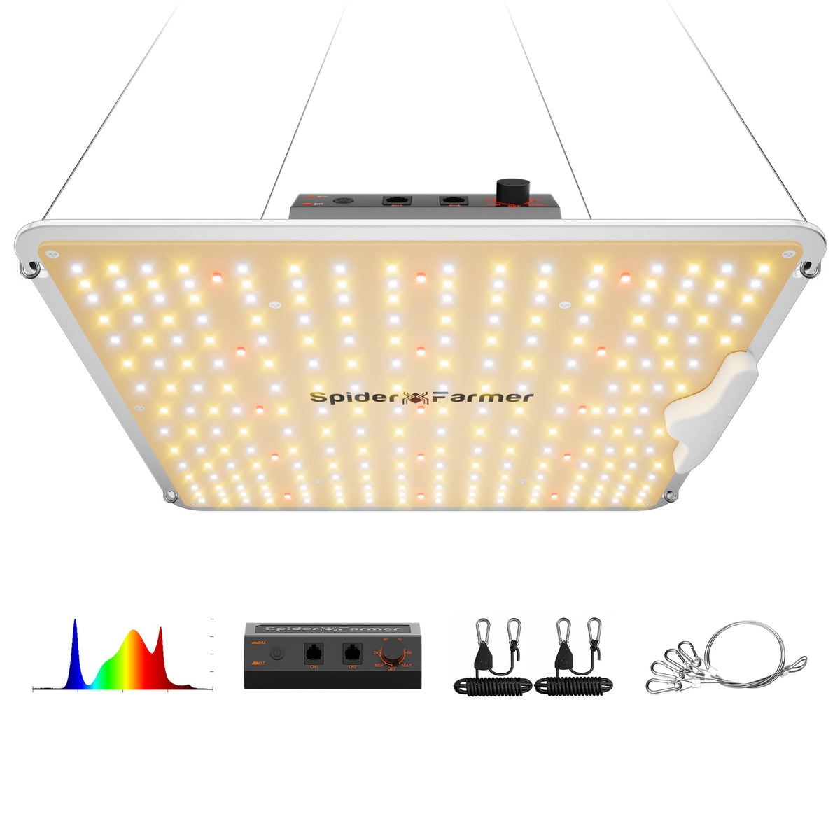 Spider Farmer SF1000 front view shows compact fixture and uniform lighting benefit