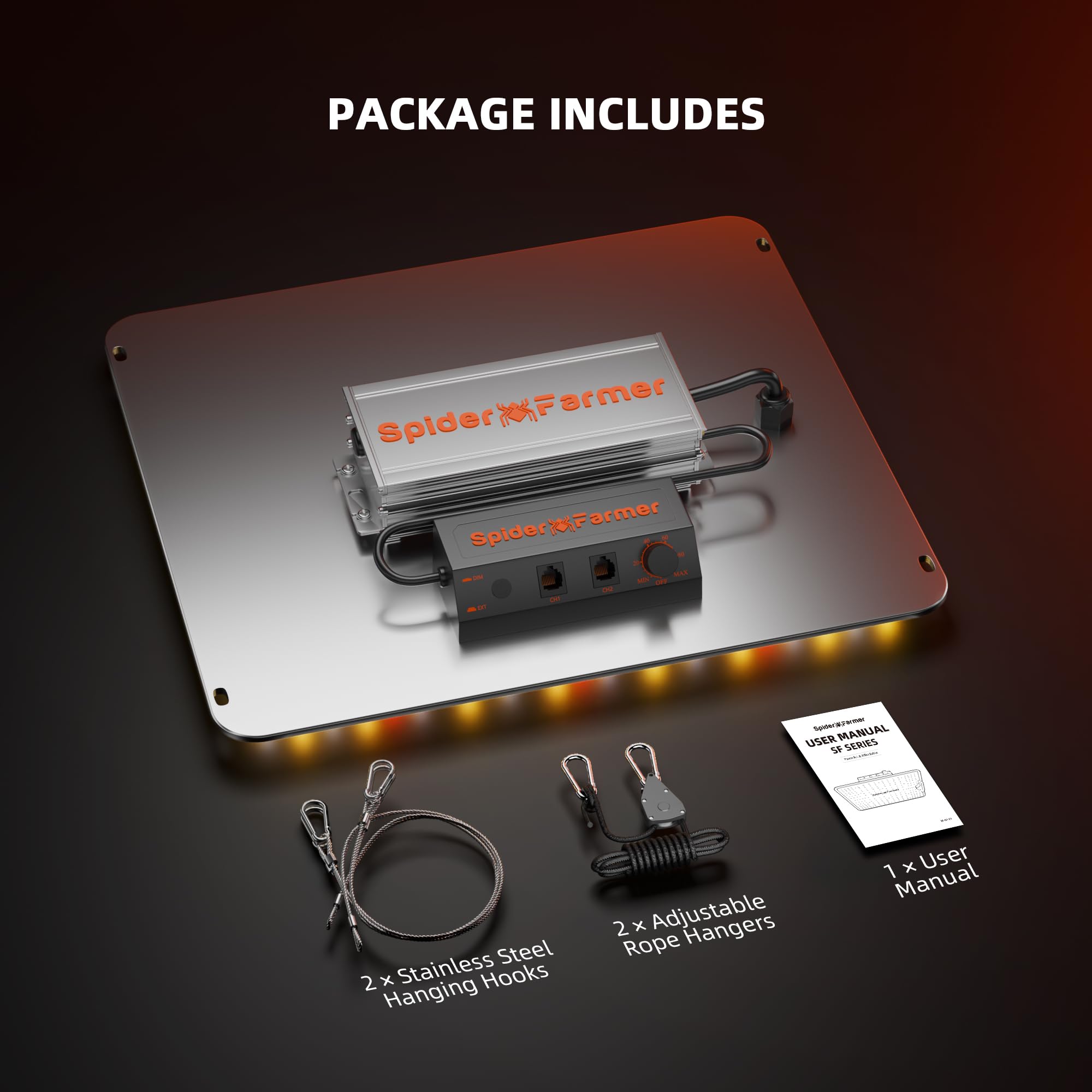 Spider Farmer packaging and included hardware highlighting quick setup and protected shipping