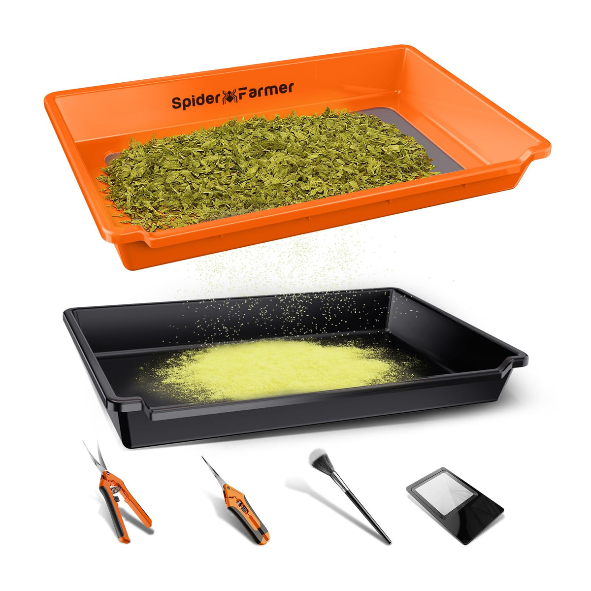 Spider Farmer front view of complete trim tray kit showing organized tools and containment