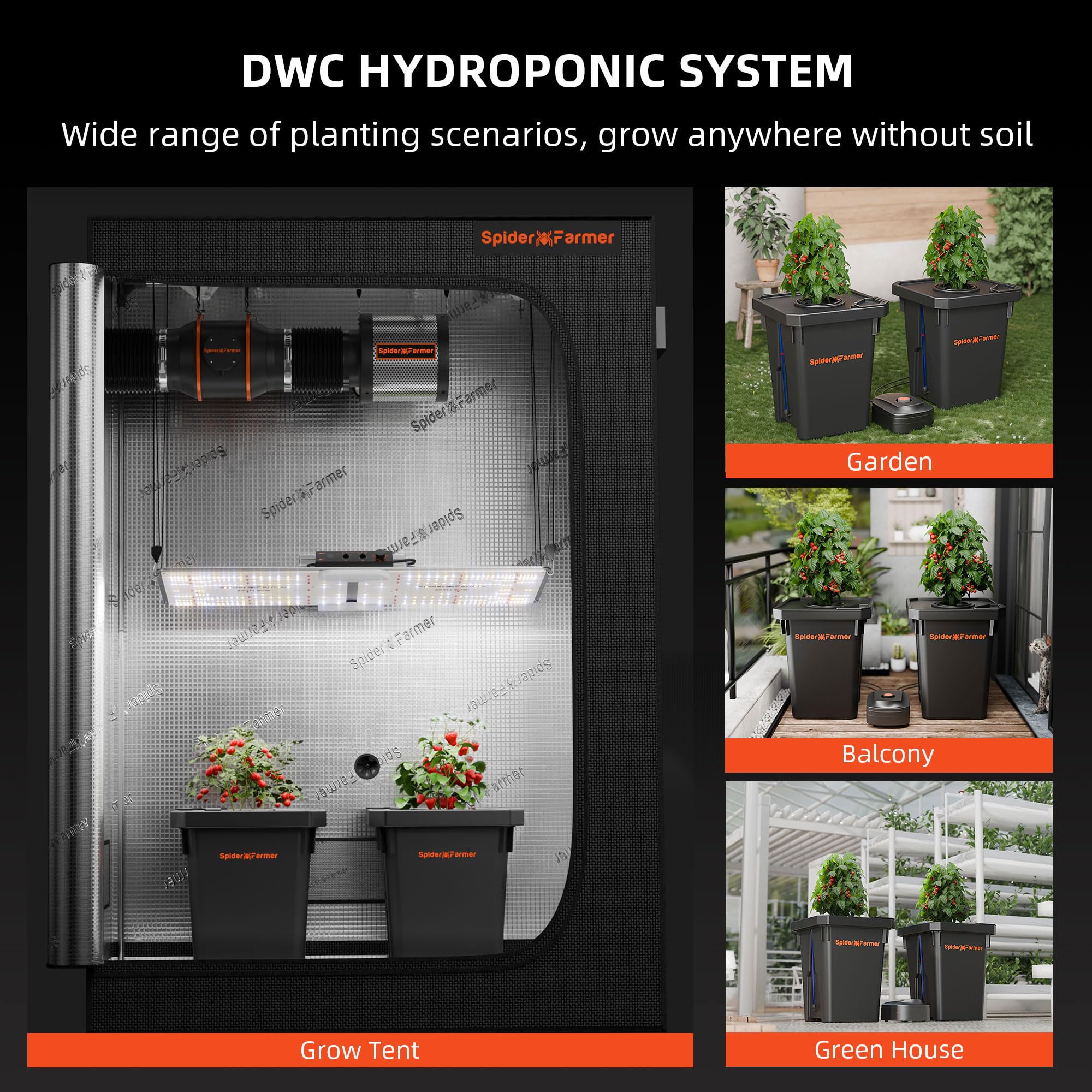 Spider Farmer two DWC buckets inside a grow tent illustrating compact indoor use