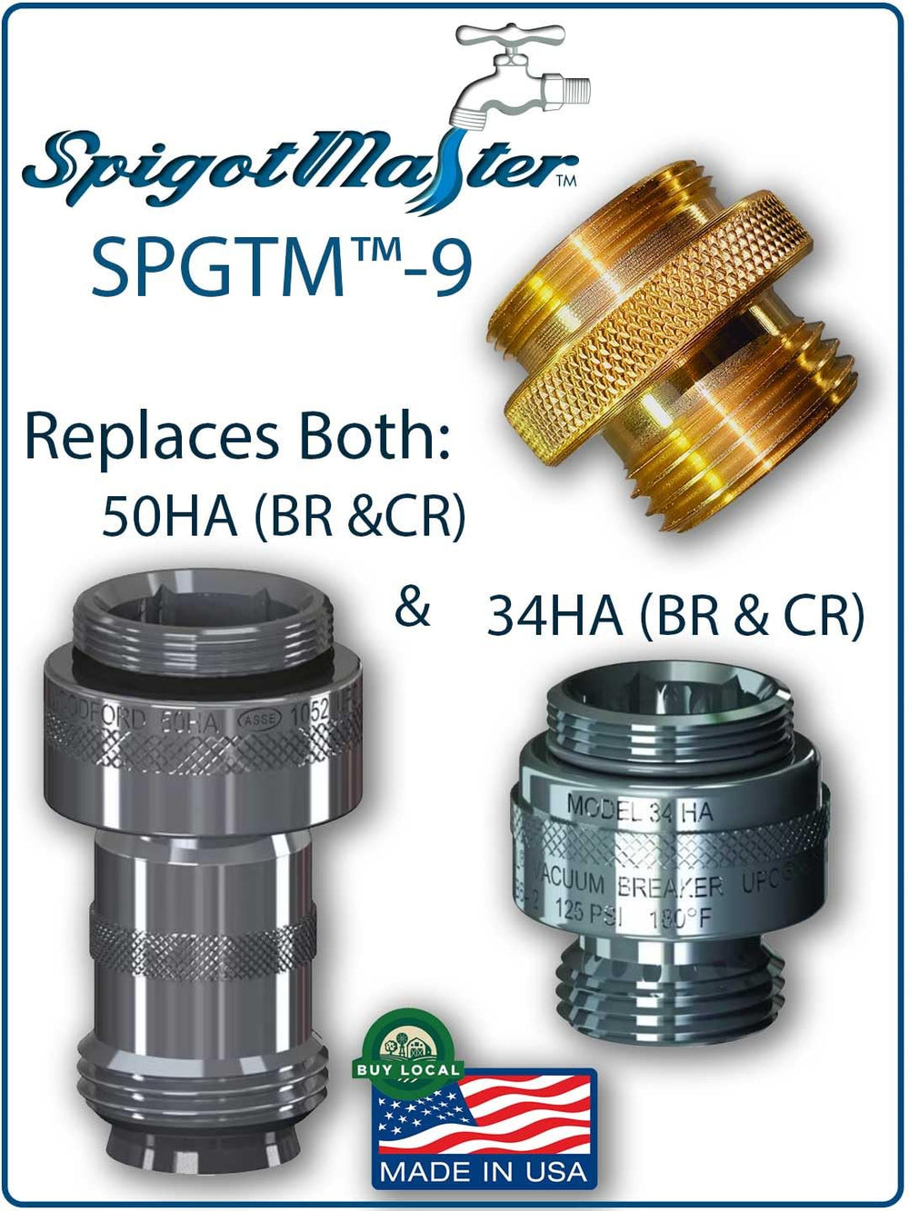 Spigotmaster SPGTM-9 with garden hose attached demonstrating secure, drip-free use
