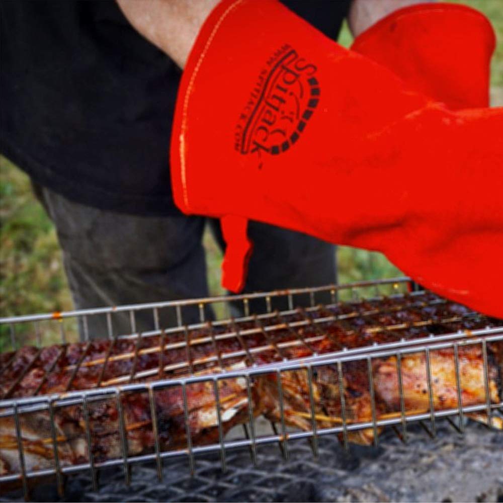 SPITJACK gloves used at a grill demonstrating dexterity and heat-resistant protection