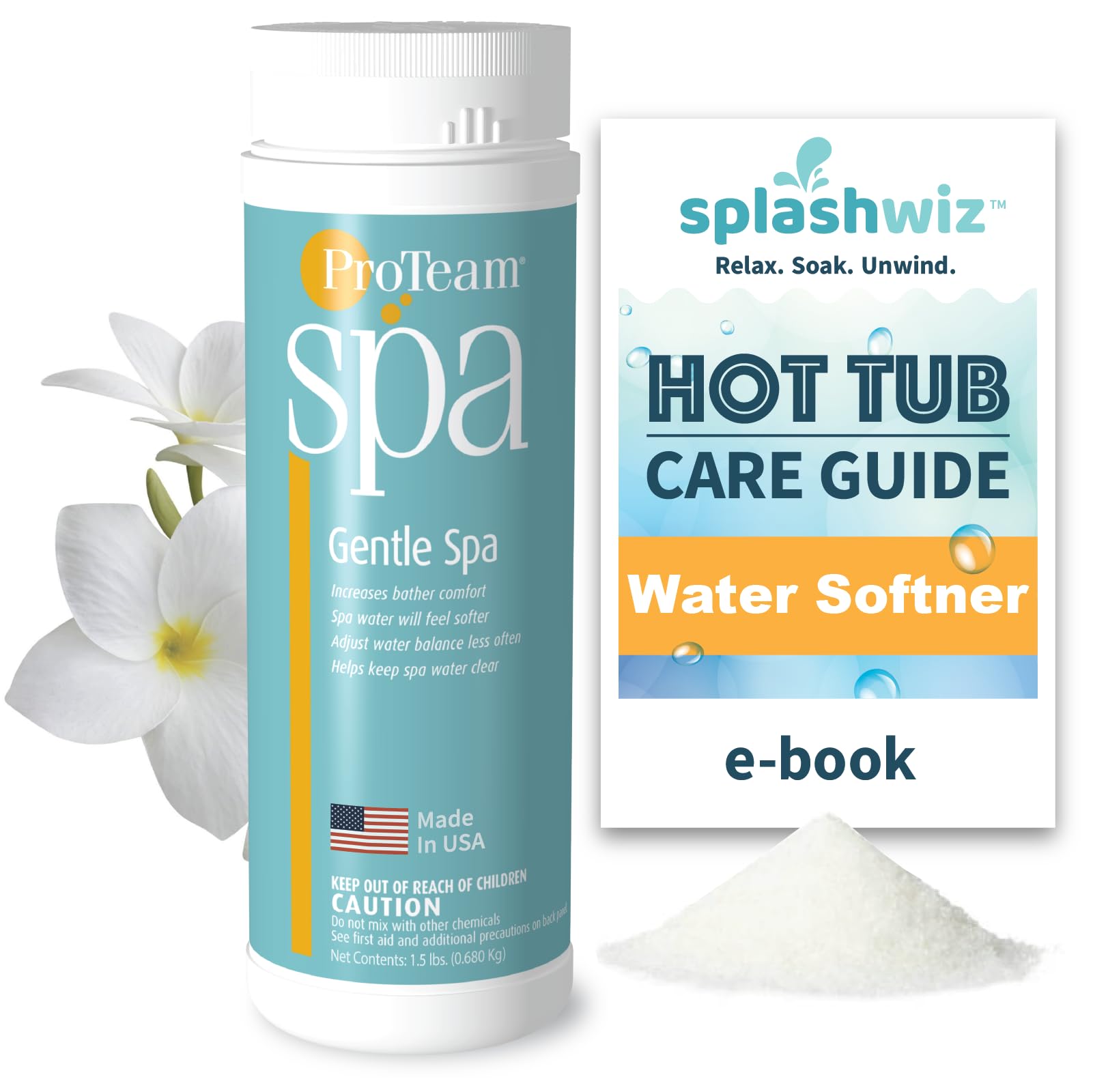 SplashWiz ProTeam Gentle Spa front packaging showing product and benefit of softer water