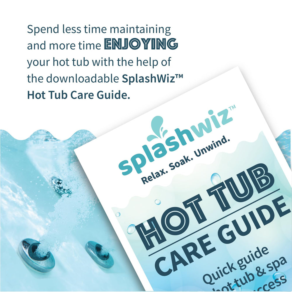 SplashWiz jar beside backyard spa conveying relaxed, low-maintenance care