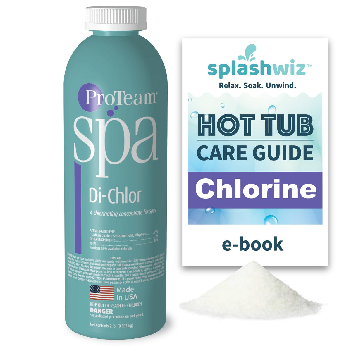 SplashWiz ProTeam Spa DiChlor front packaging showing product and brand, clear dosing