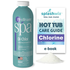 SplashWiz ProTeam Spa DiChlor front packaging showing product and brand, clear dosing
