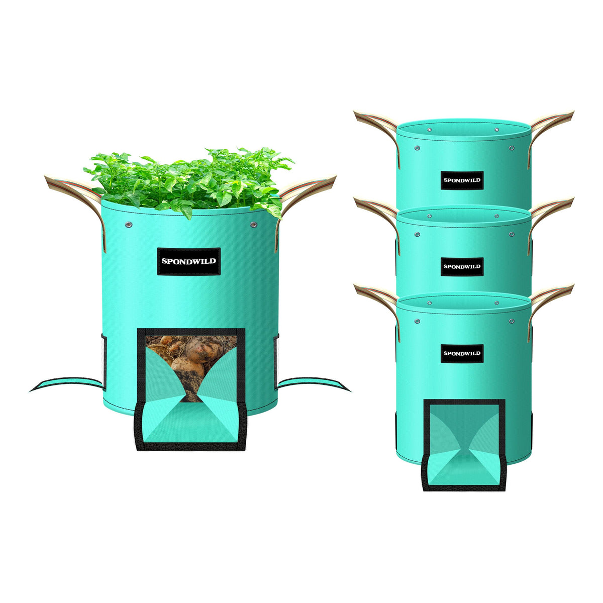 SPONDWILD front view of four packed 15-gallon grow bags showing size and branding, easy storage benefit