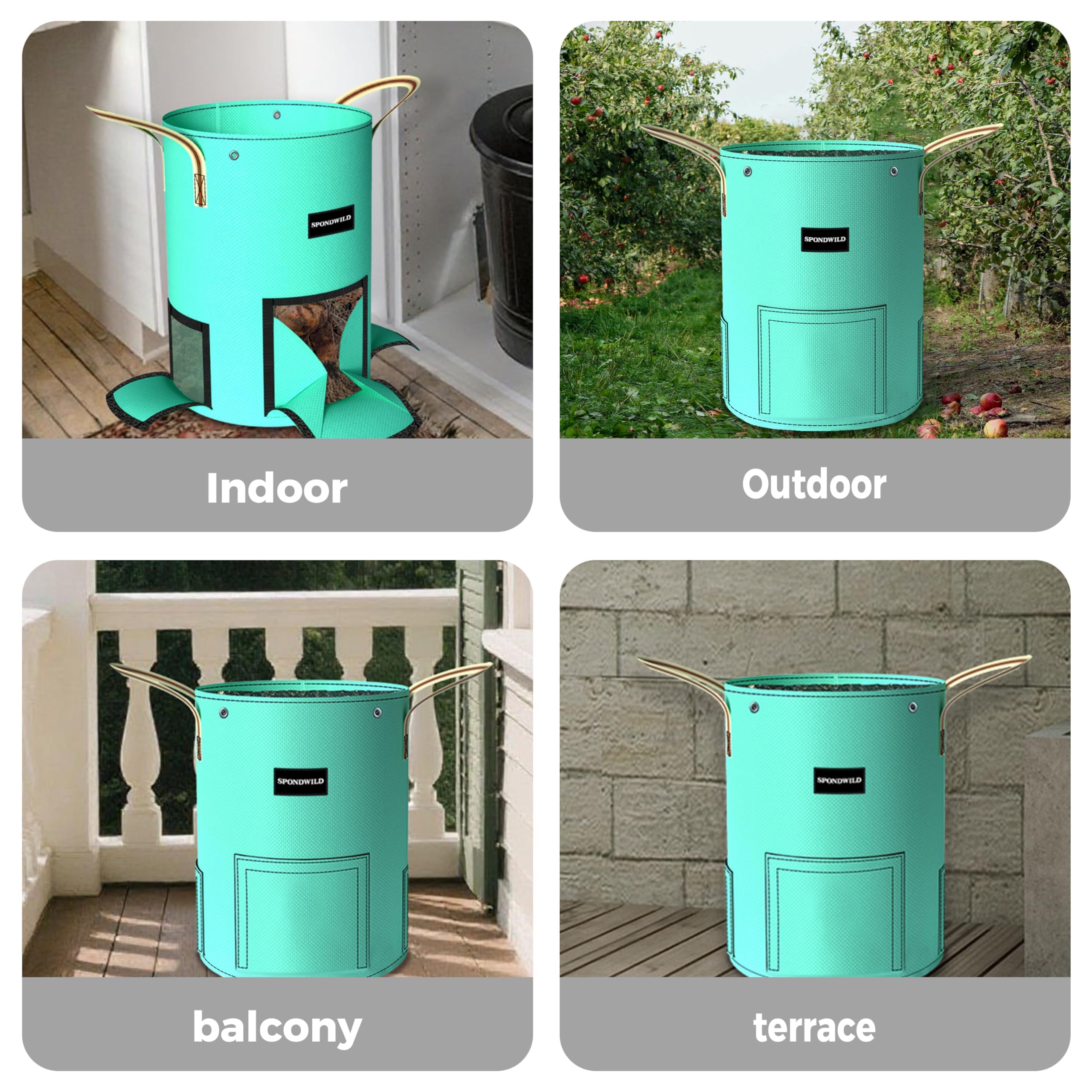 SPONDWILD grow bag next to standard pot showing 15-gallon scale for planning spaces