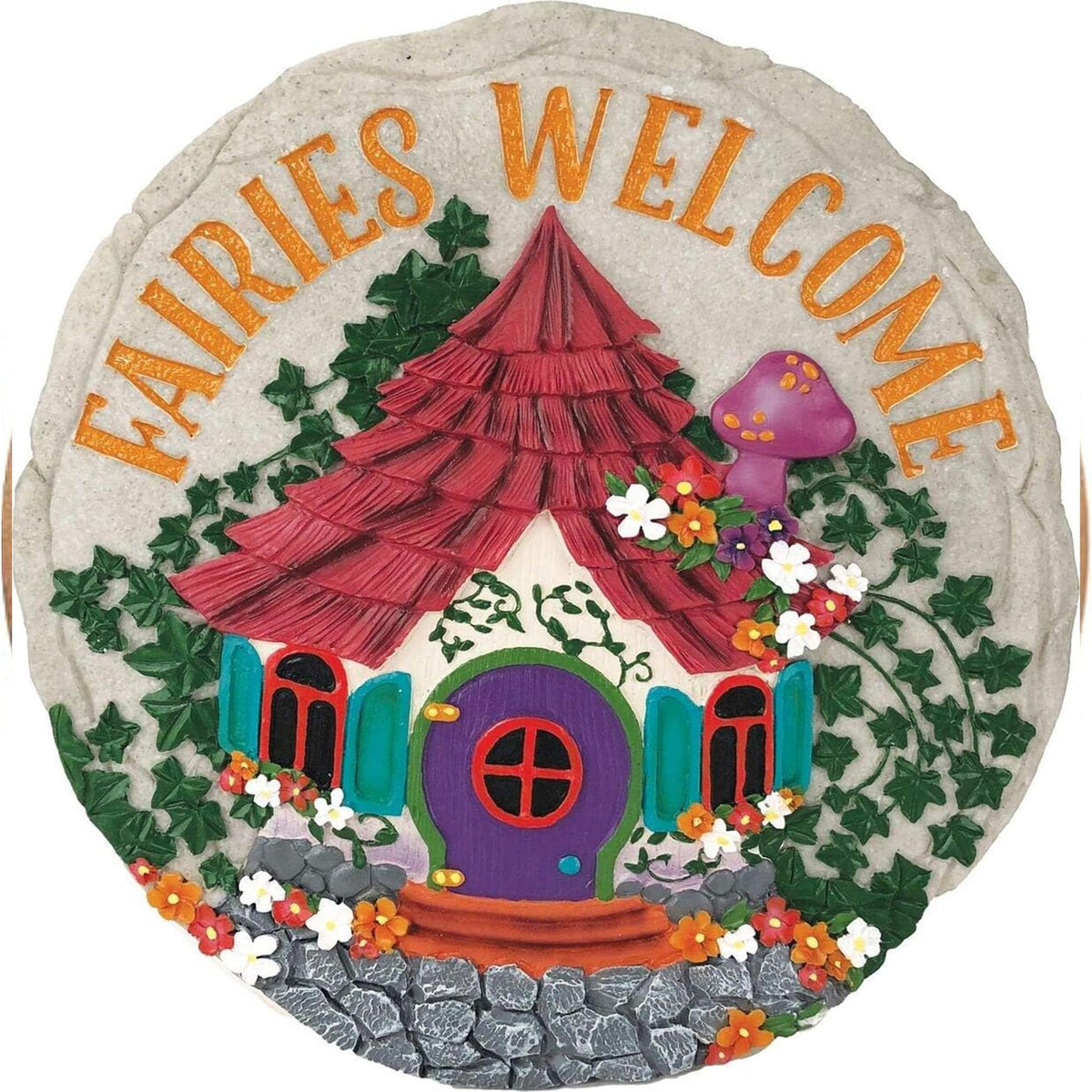 Spoontiques front view of fairies welcome stepping stone showing bright welcome motif