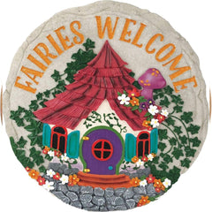 Spoontiques front view of fairies welcome stepping stone showing bright welcome motif