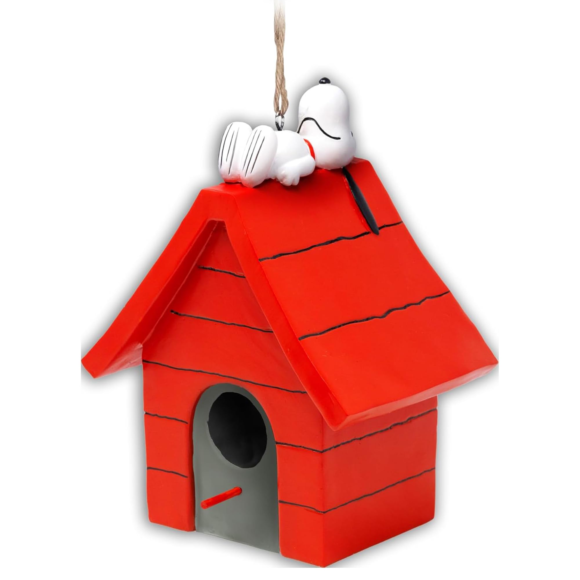 Spoontiques Snoopy birdhouse front view hanging on porch adds playful curb appeal