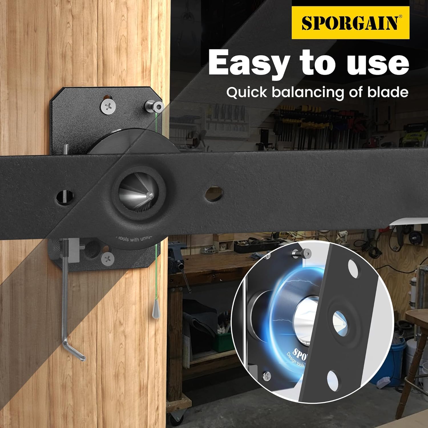 SporGain blade balanced on the balancer demonstrating reduced vibration benefit