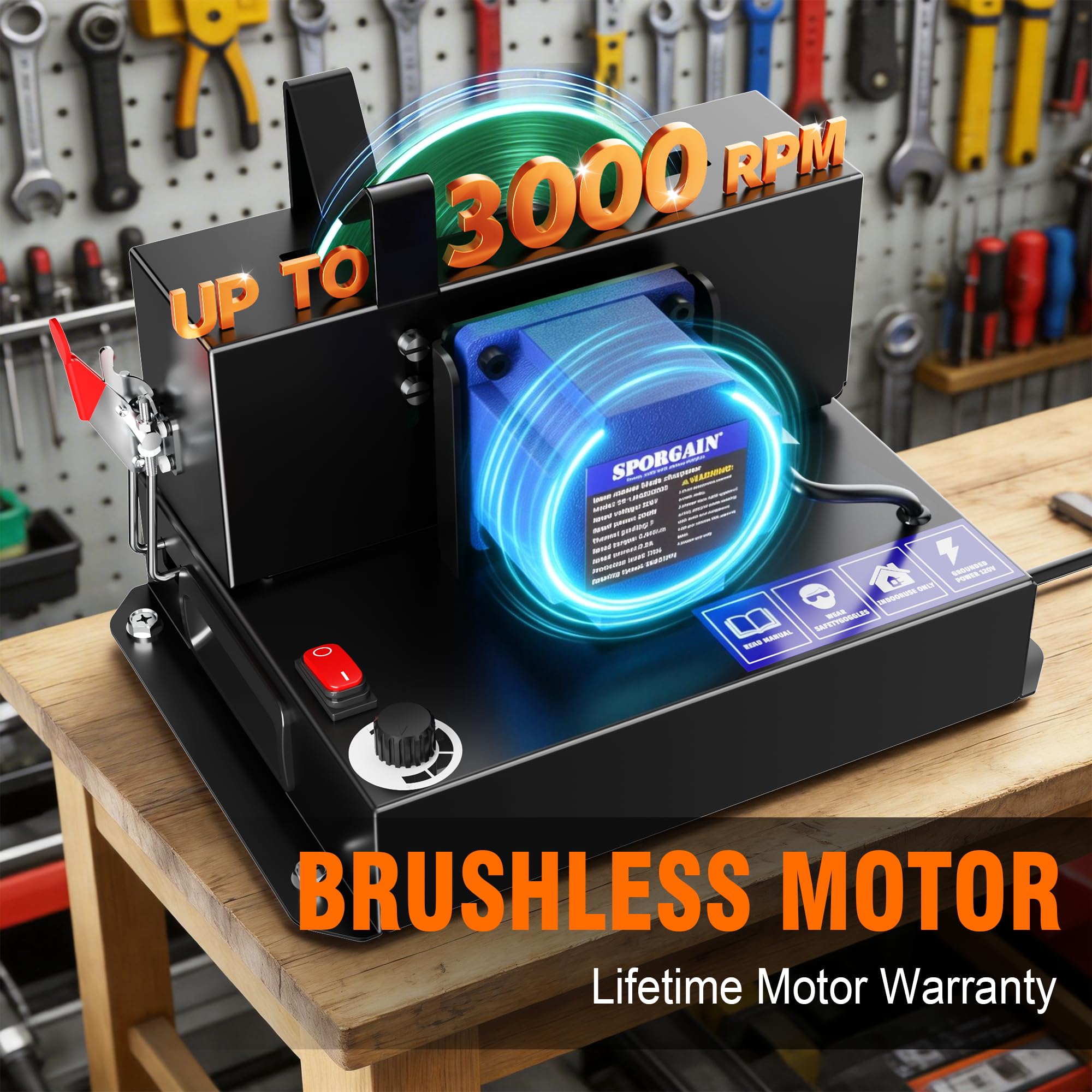 SporGain brushless motor closeup highlighting durable construction and quieter operation