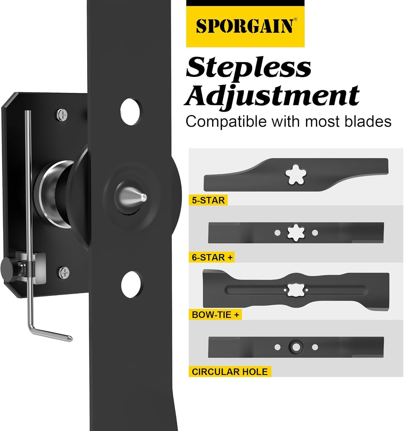 SporGain kit on garage workbench illustrating quick home mower maintenance
