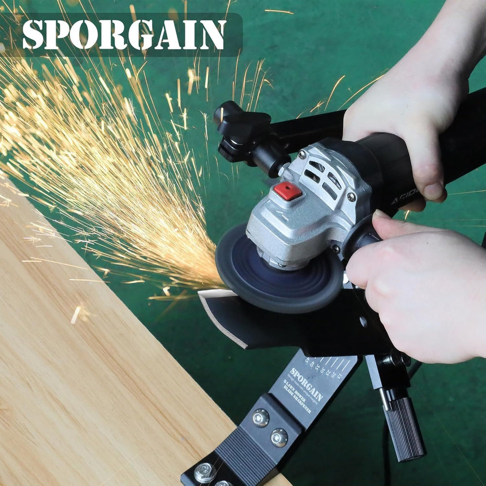 SporGain sharpening jig in use on a mower blade improving cutting edge