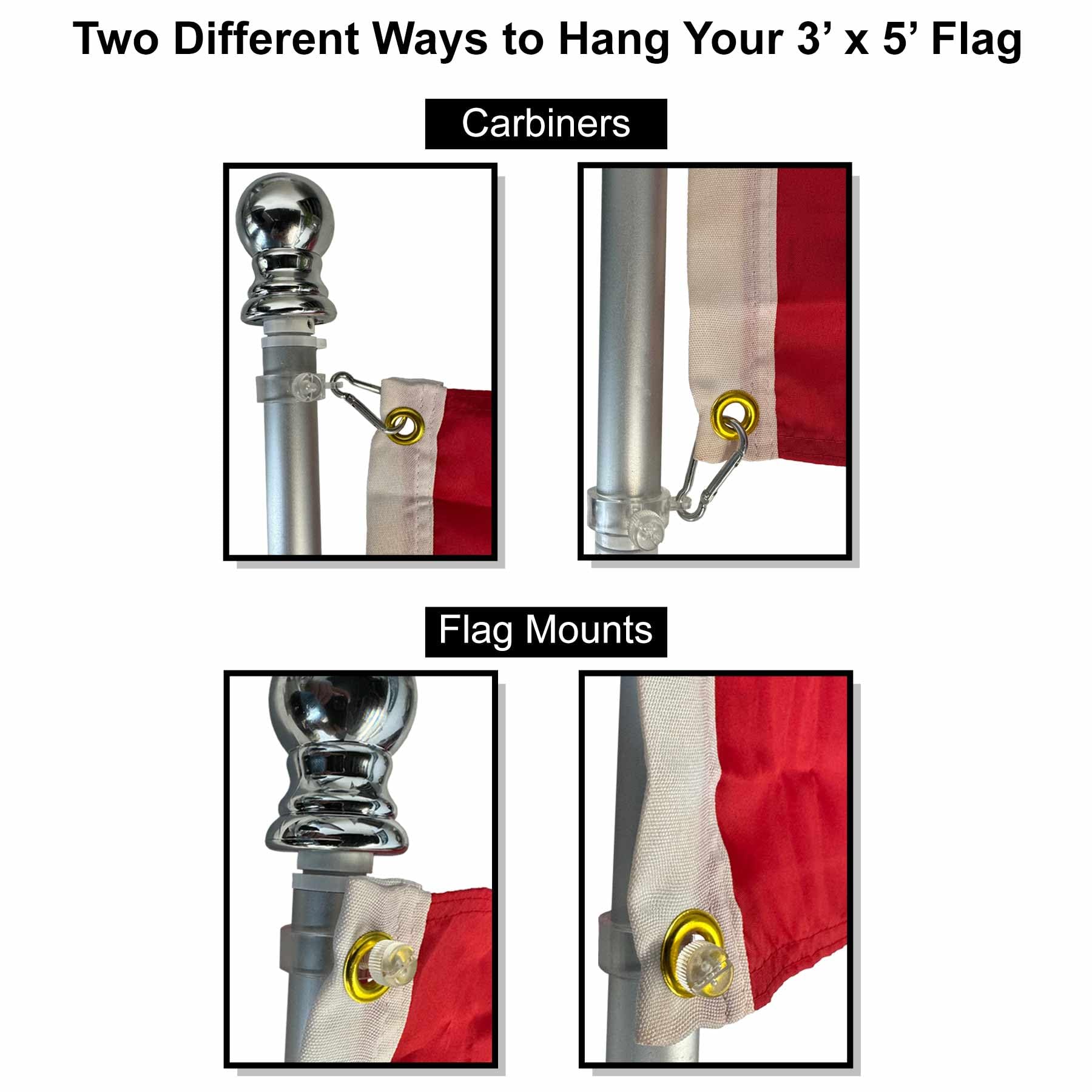 Sports Flags Pennants Company grommet clips and swivel clip detail for easy flag attachment