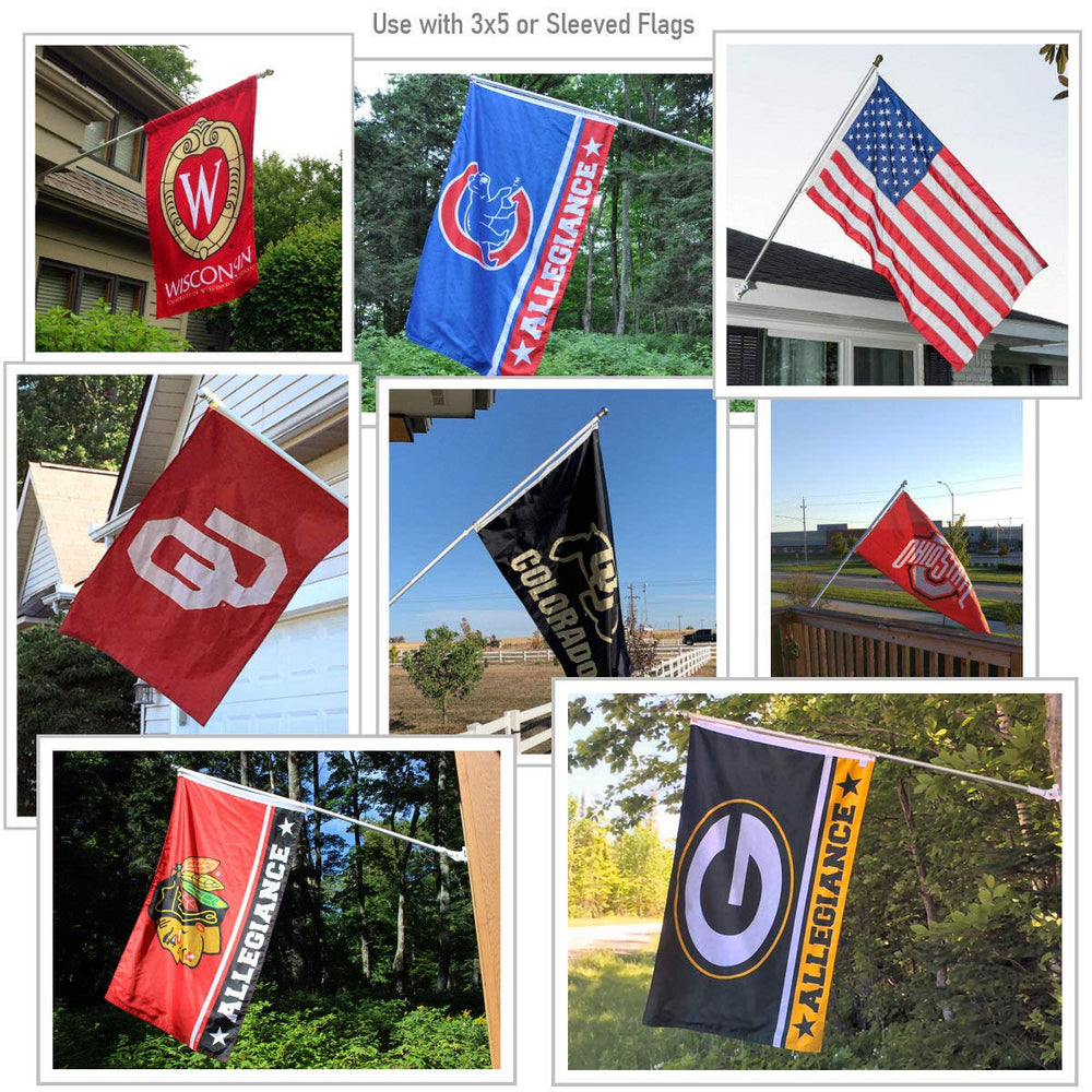 Sports Flags Pennants Company pole next to 3x5 flag showing correct sizing for visible display