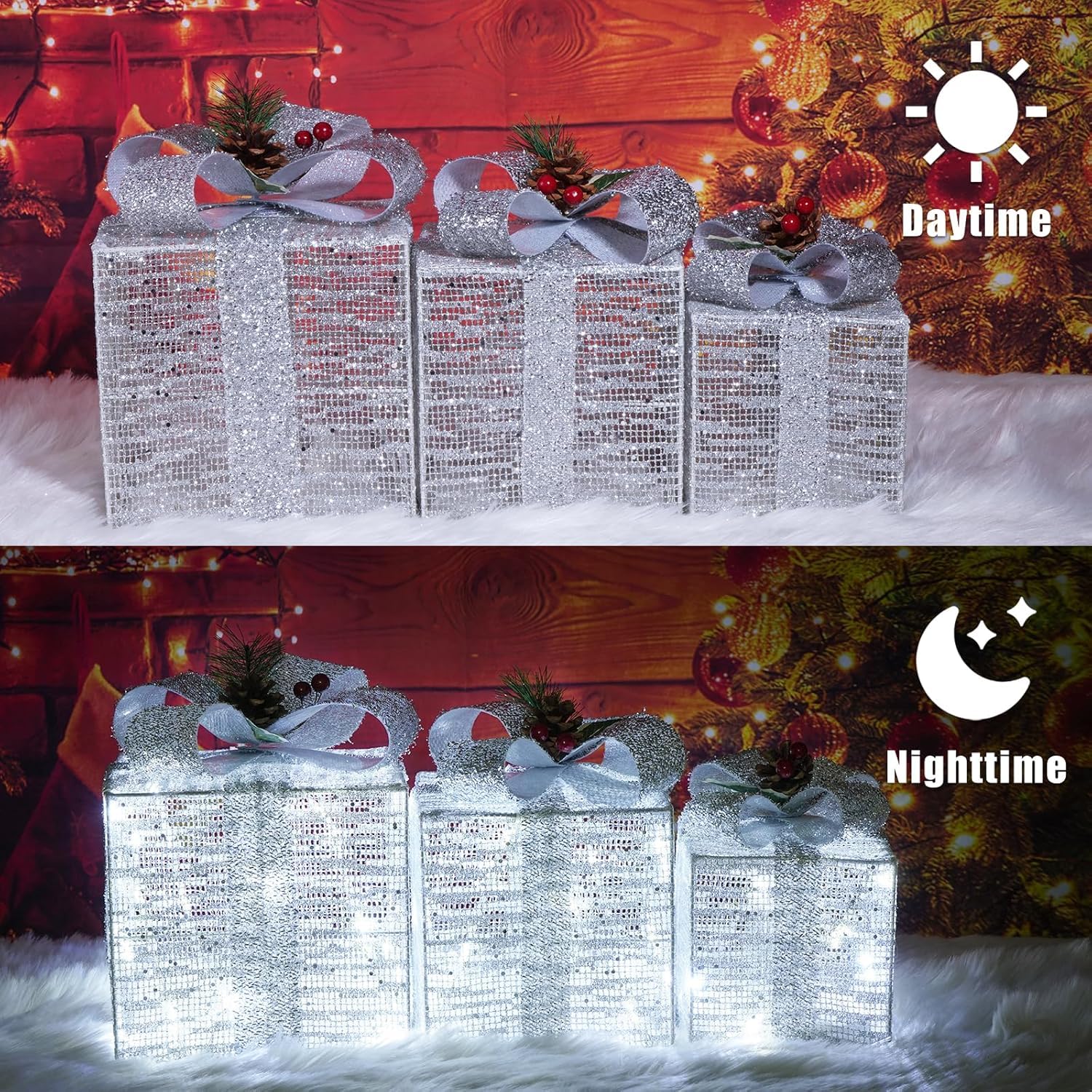 SPRKLINLIN illuminated present box placed under tree adding warm accent lighting