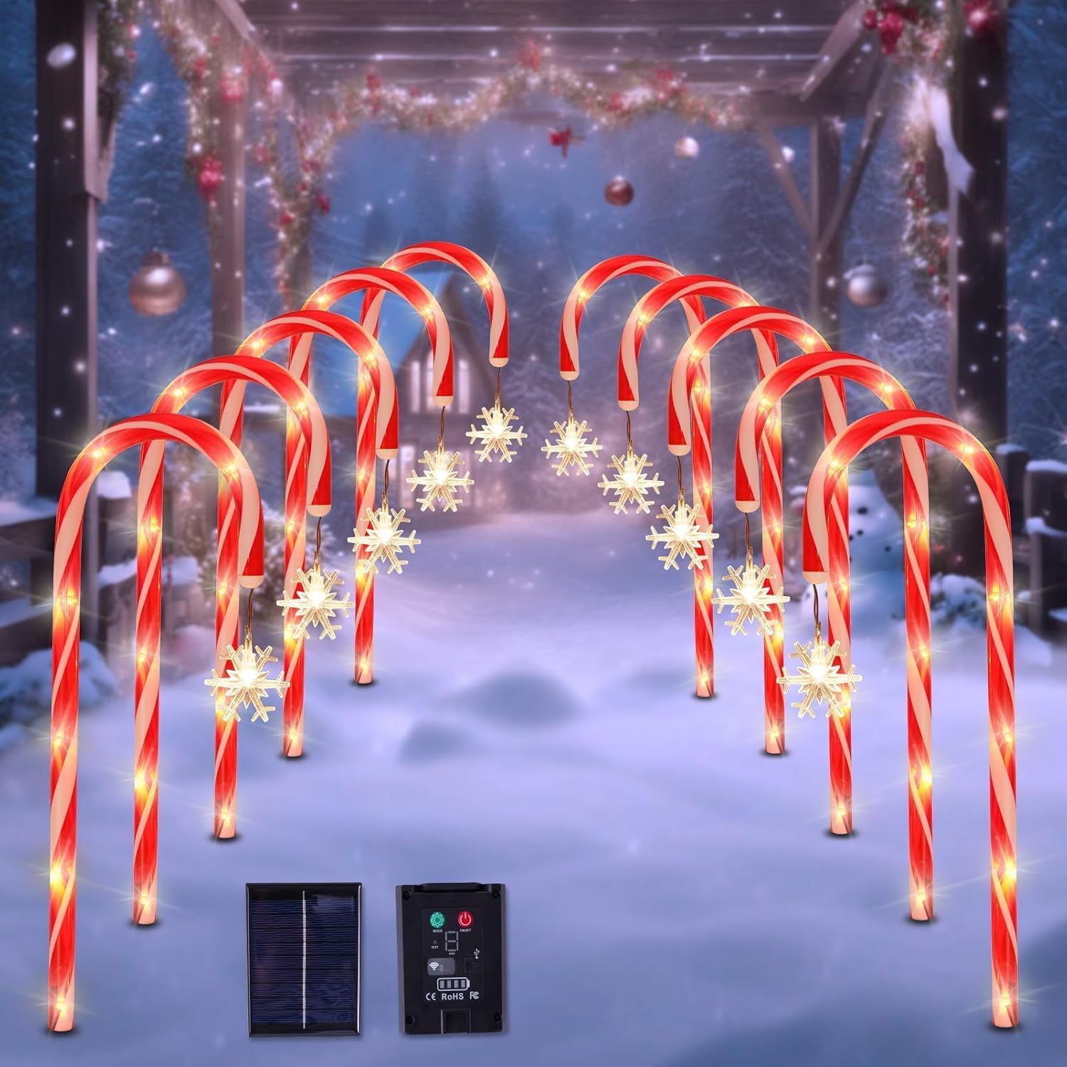 SPRKLINLIN front view of ten candy cane pathway lights showcasing festive display and curb appeal