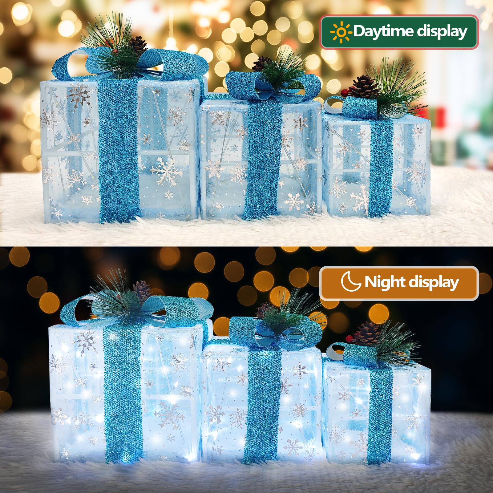 SPRKLINLIN lit boxes on a mantel adding warm ambient holiday light