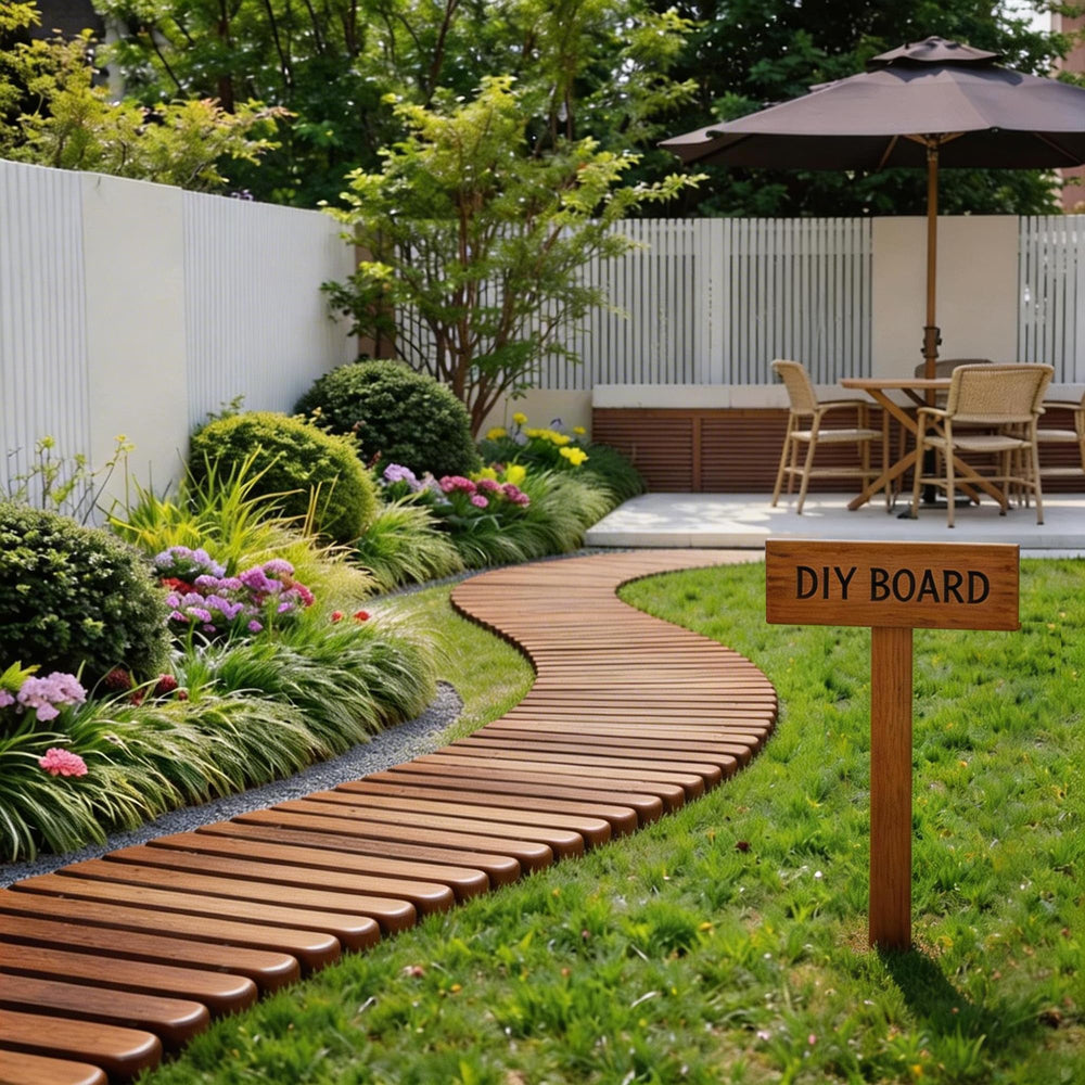 Spurgehom front view of rolled pathway showing full length and cedar finish, visual appeal