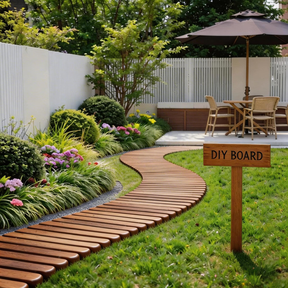 Spurgehom front view of rolled pathway showing full length and cedar finish, visual appeal