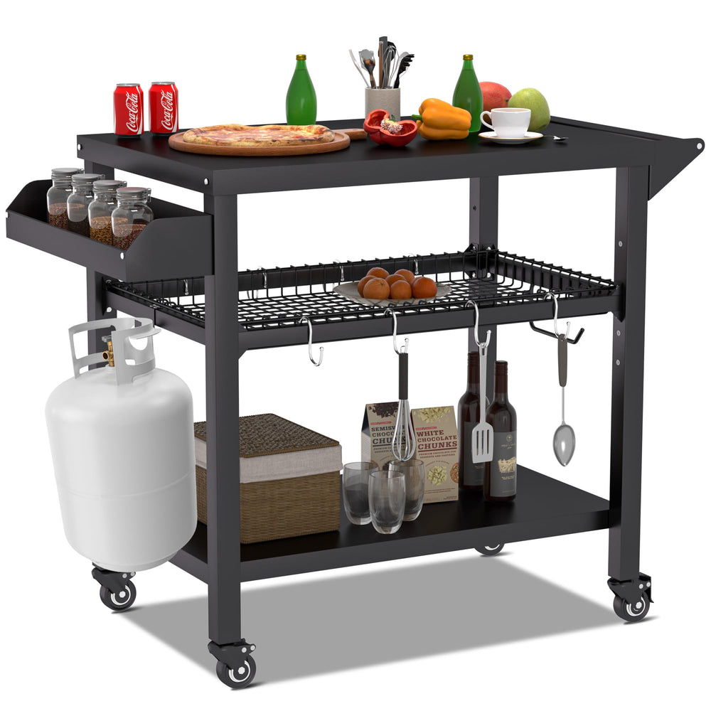 Spurgehom front view of grill cart showing stable frame and tabletop benefit