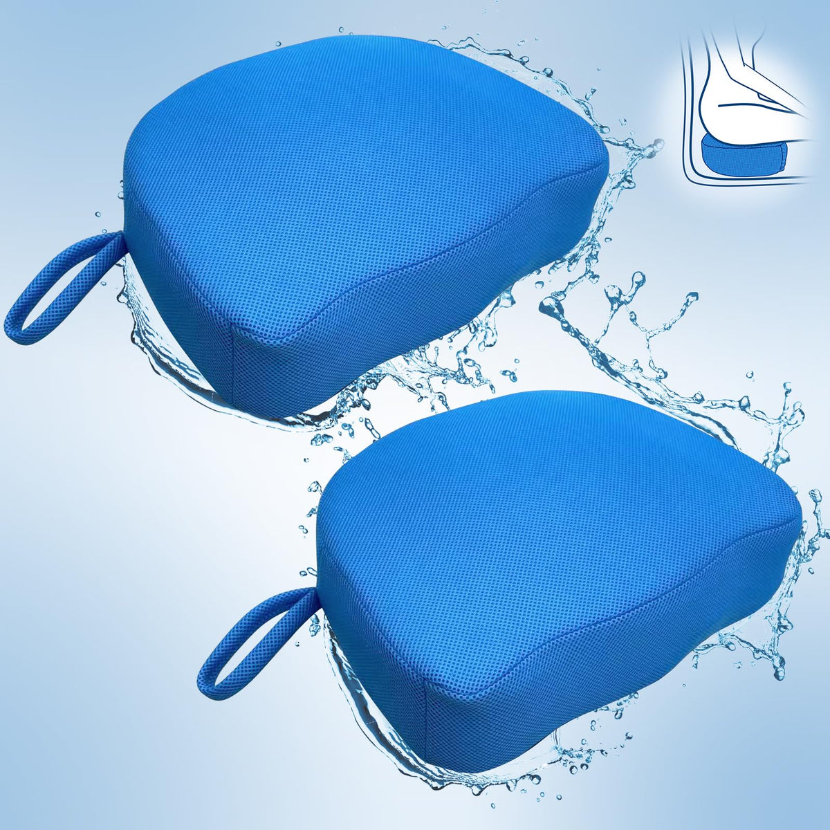 SPVIKISGO front view of two blue booster seats highlighting compact pack and benefit of immediate lift