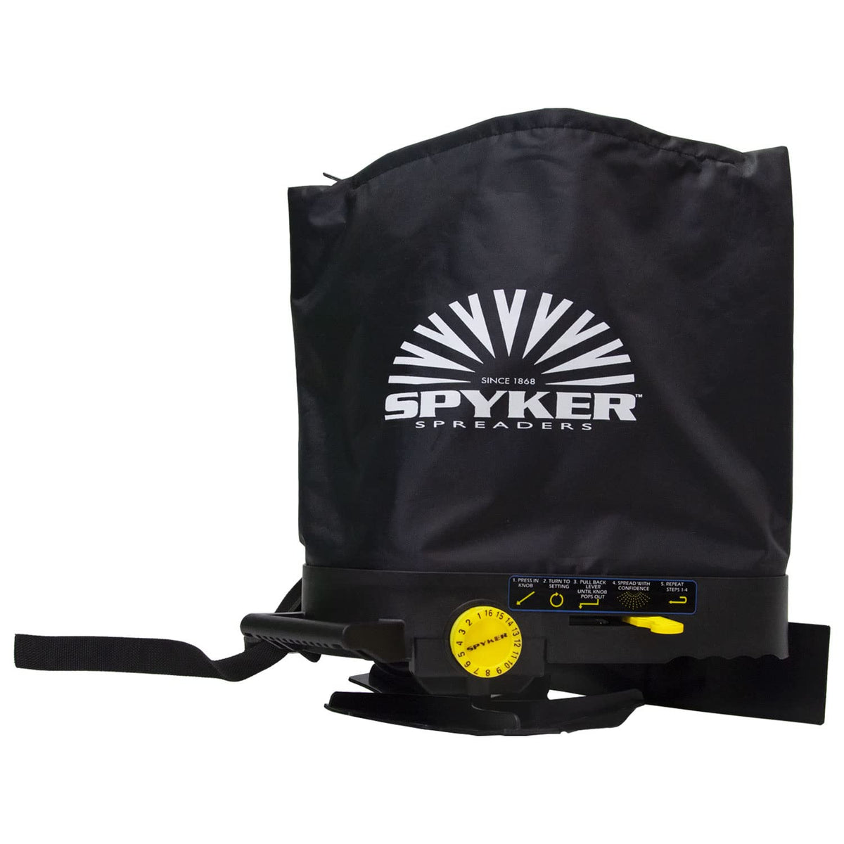Spyker front view showing bag and frame for easy jobsite transport and reliable spreading