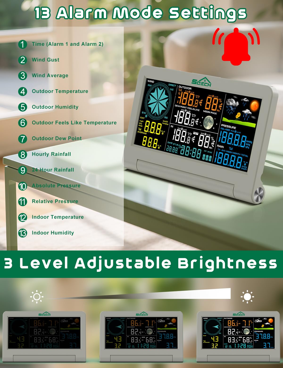 SQECH console on desk in living room providing quick indoor weather checks