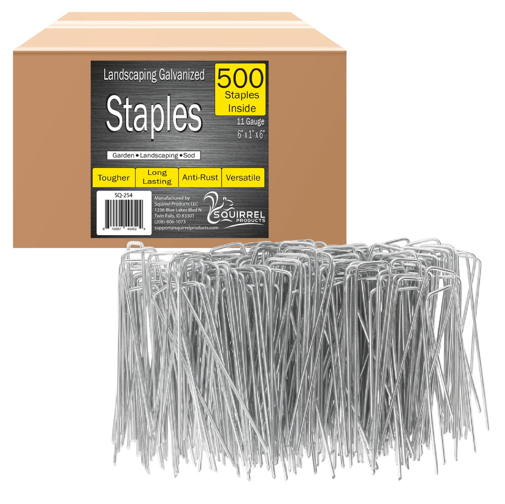 Squirrel Products front packaging showing 500 galvanized garden stakes and quantity benefit
