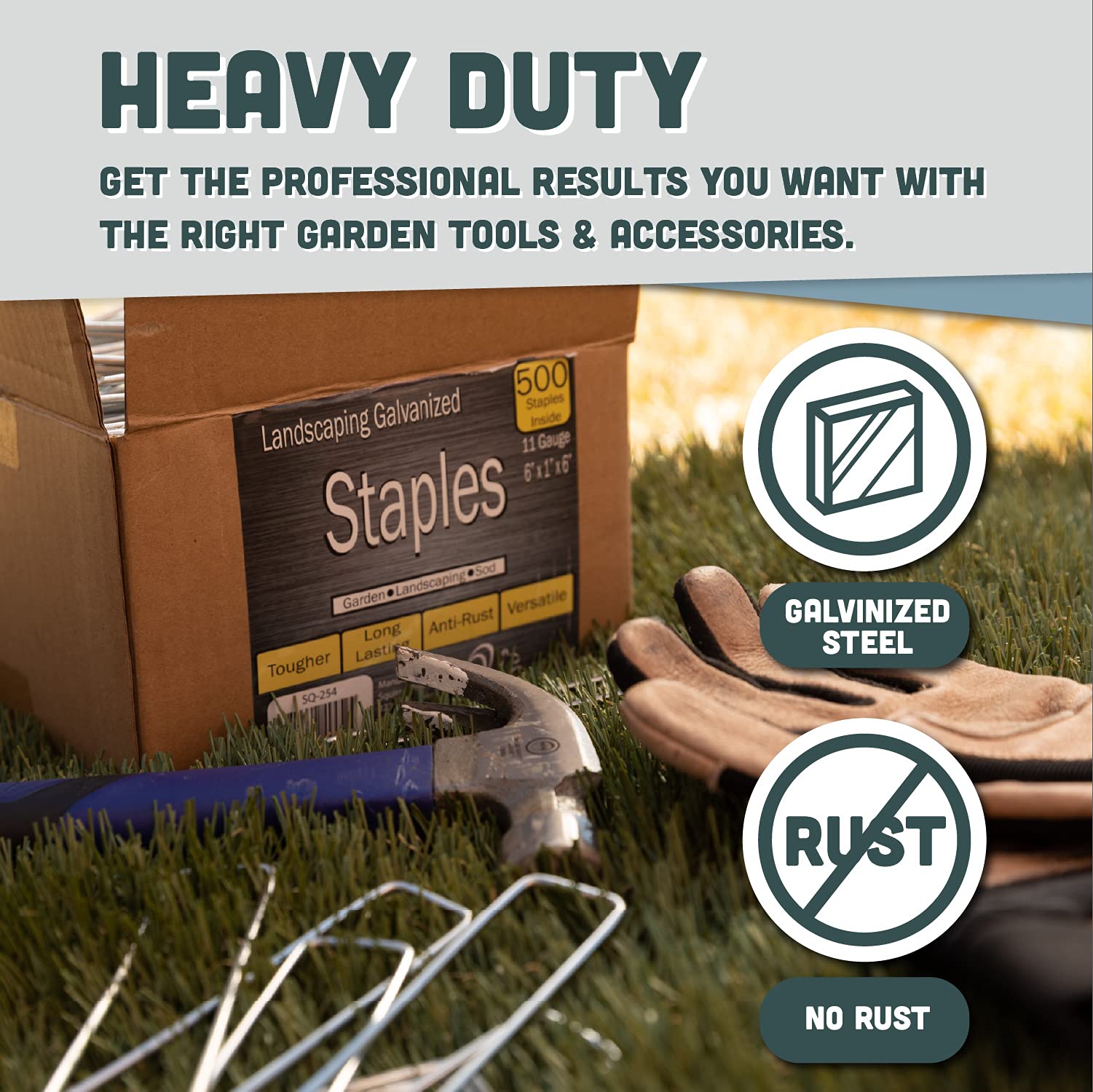 Squirrel Products staples securing landscape fabric demonstrating durable anchoring