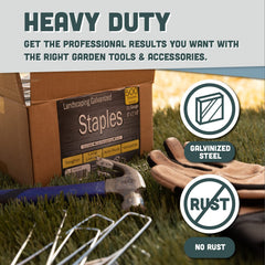 Squirrel Products staples securing landscape fabric demonstrating durable anchoring