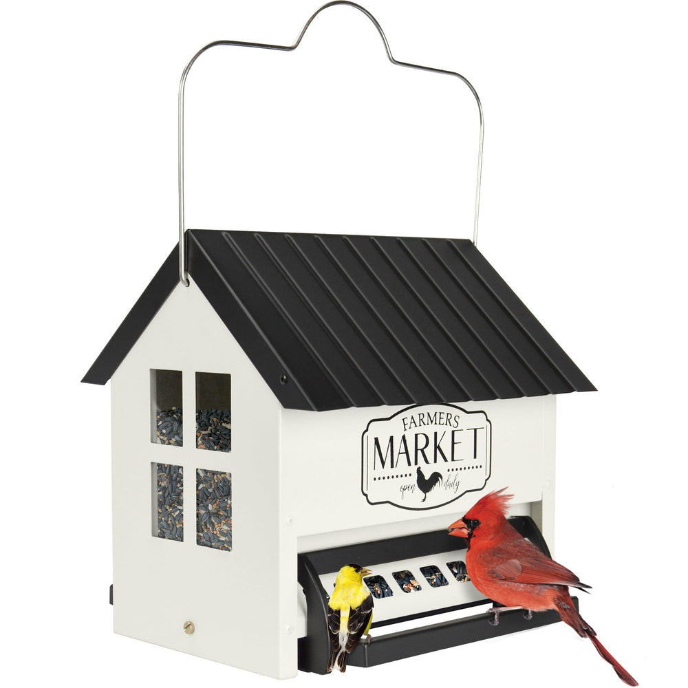 Squirrel Shield front view of white metal hopper showing farmhouse design and capacity
