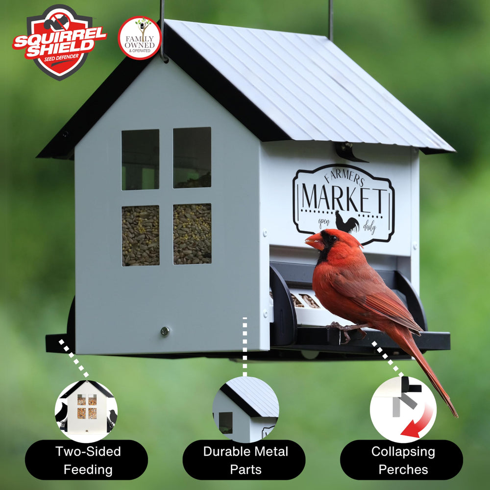 Squirrel Shield roof open for refilling showing easy access and hinged lock benefit