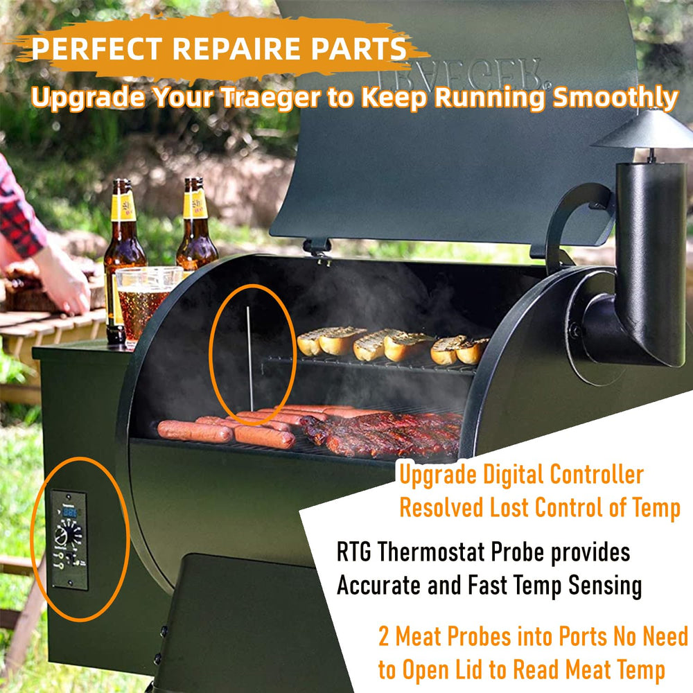 Squirrel wood artware probes inserted in meat and grill showing dual monitoring during smoking