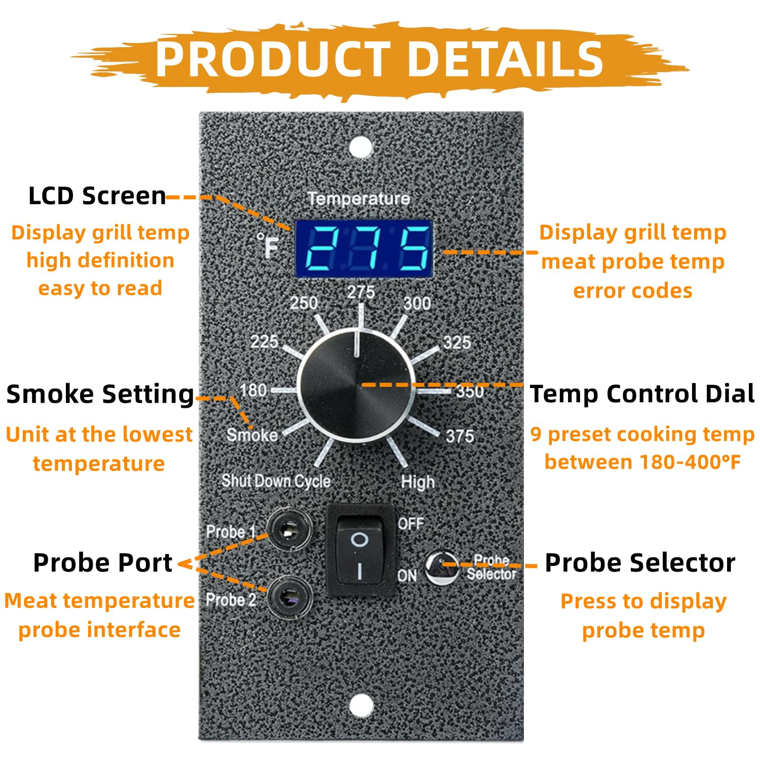 Squirrel wood artware 7-inch RTD grill probe close-up for fast, stable grill temperature sensing