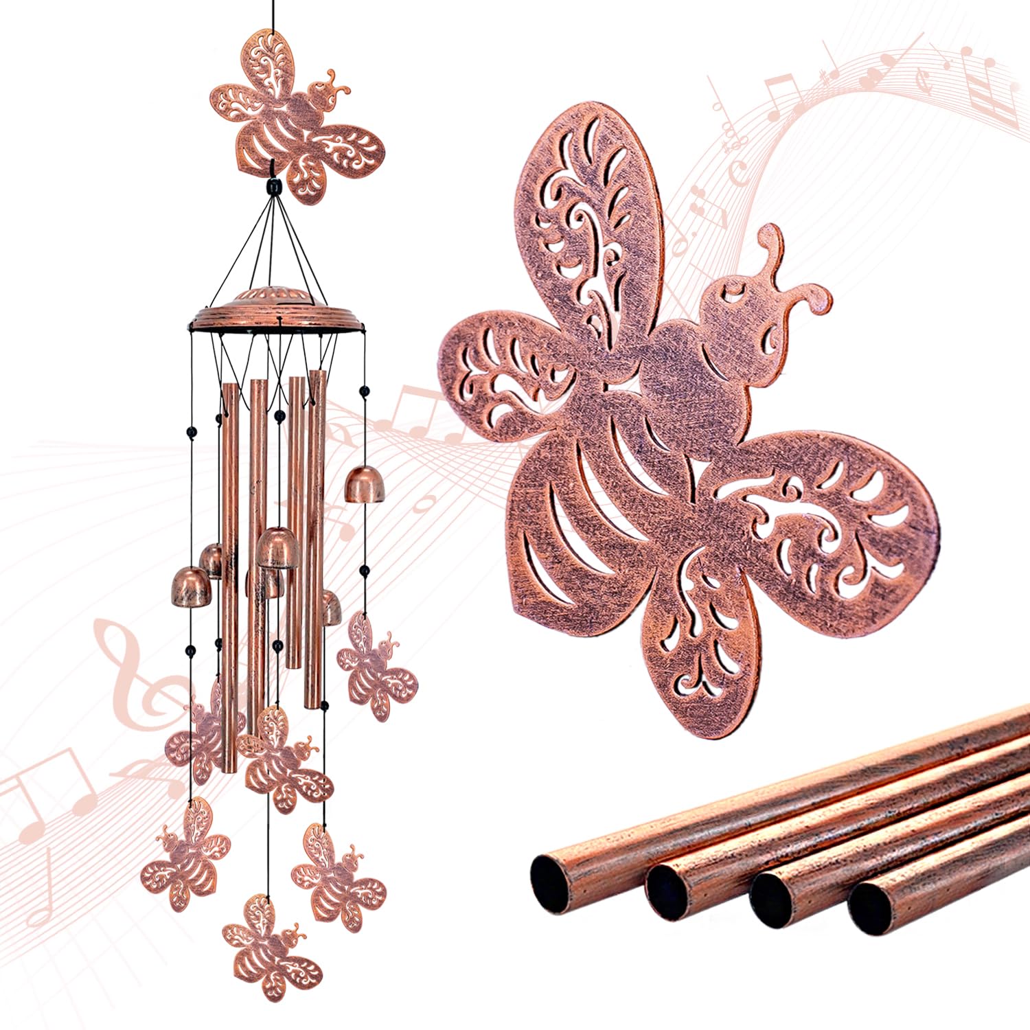 SRDJXY front view showing full bee wind chime with elegant bronze finish enhancing curb appeal