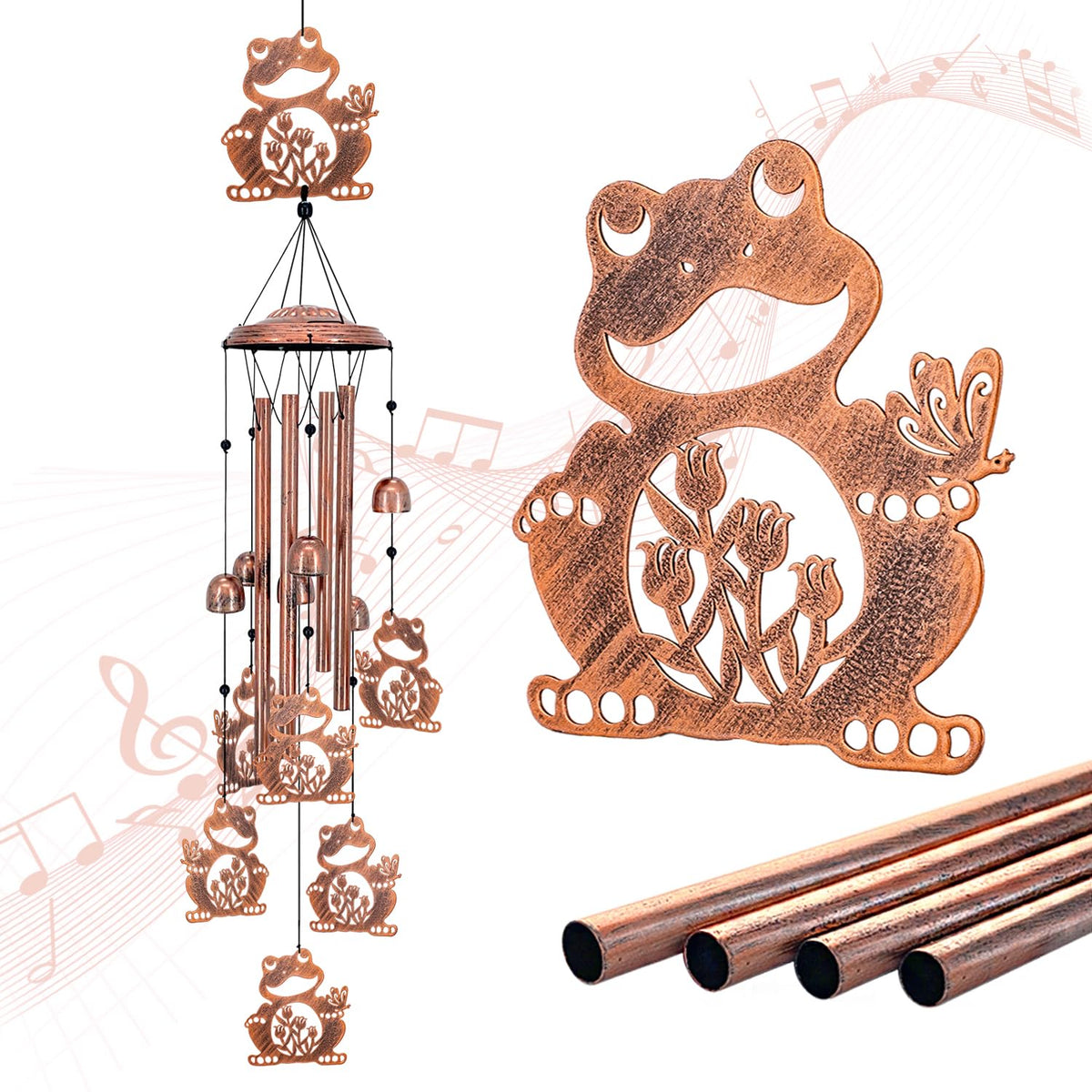 SRDJXY front view of frog wind chime showing full design and charm
