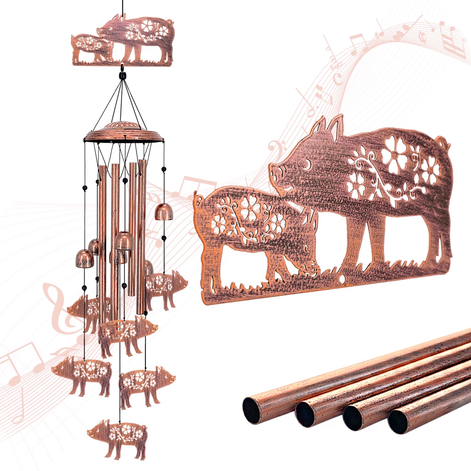 SRDJXY front view of pig wind chime showing overall design and charm