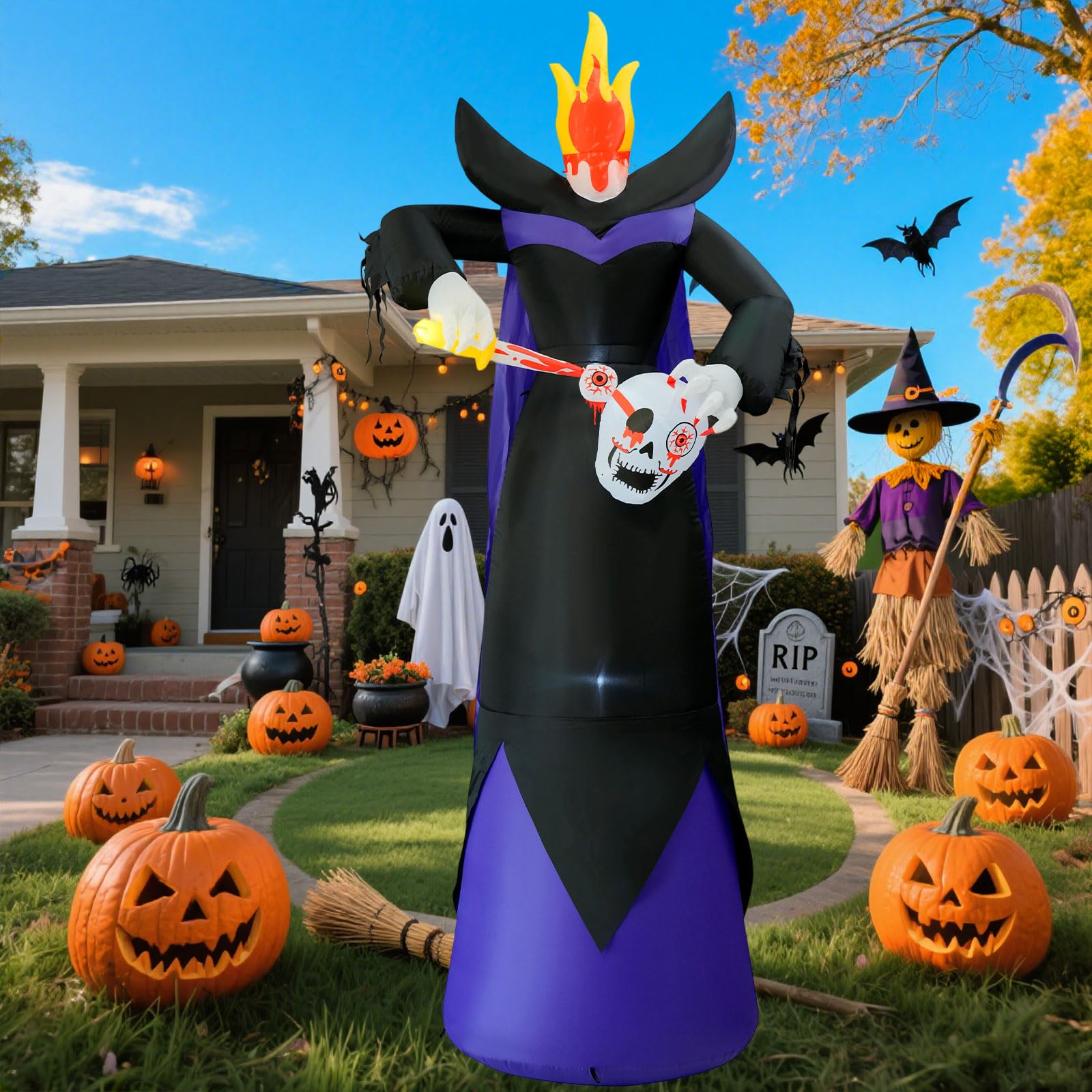 SRKLH nighttime lawn display lit by LEDs, attracts trick-or-treaters
