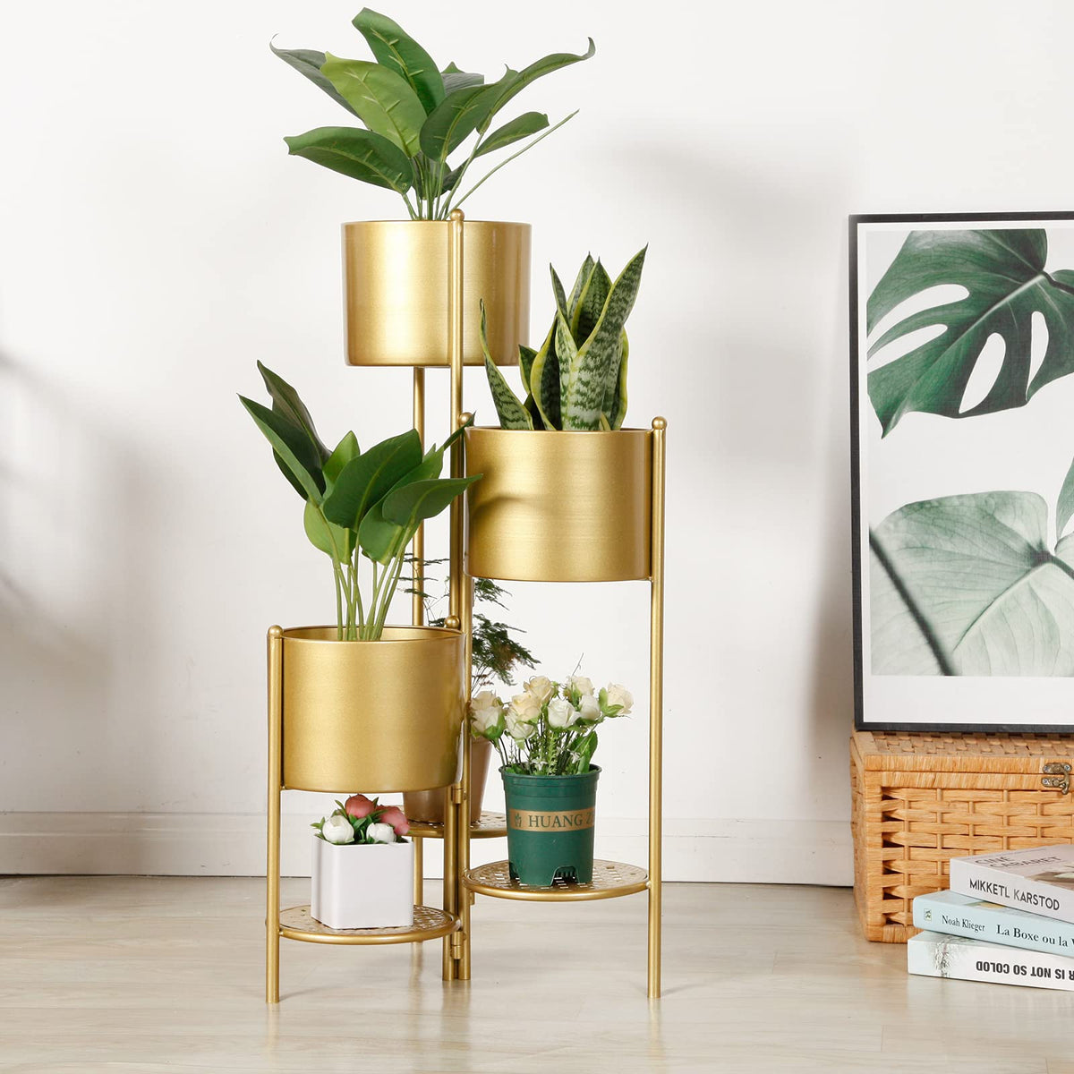 SSS Furniture front view golden plant stand showing space saving benefit