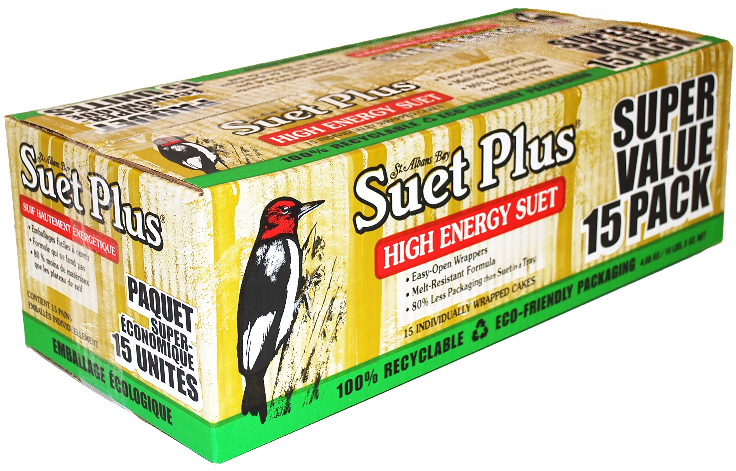 St. Albans Bay Suet Plus front packaging showing 15-pack and benefits