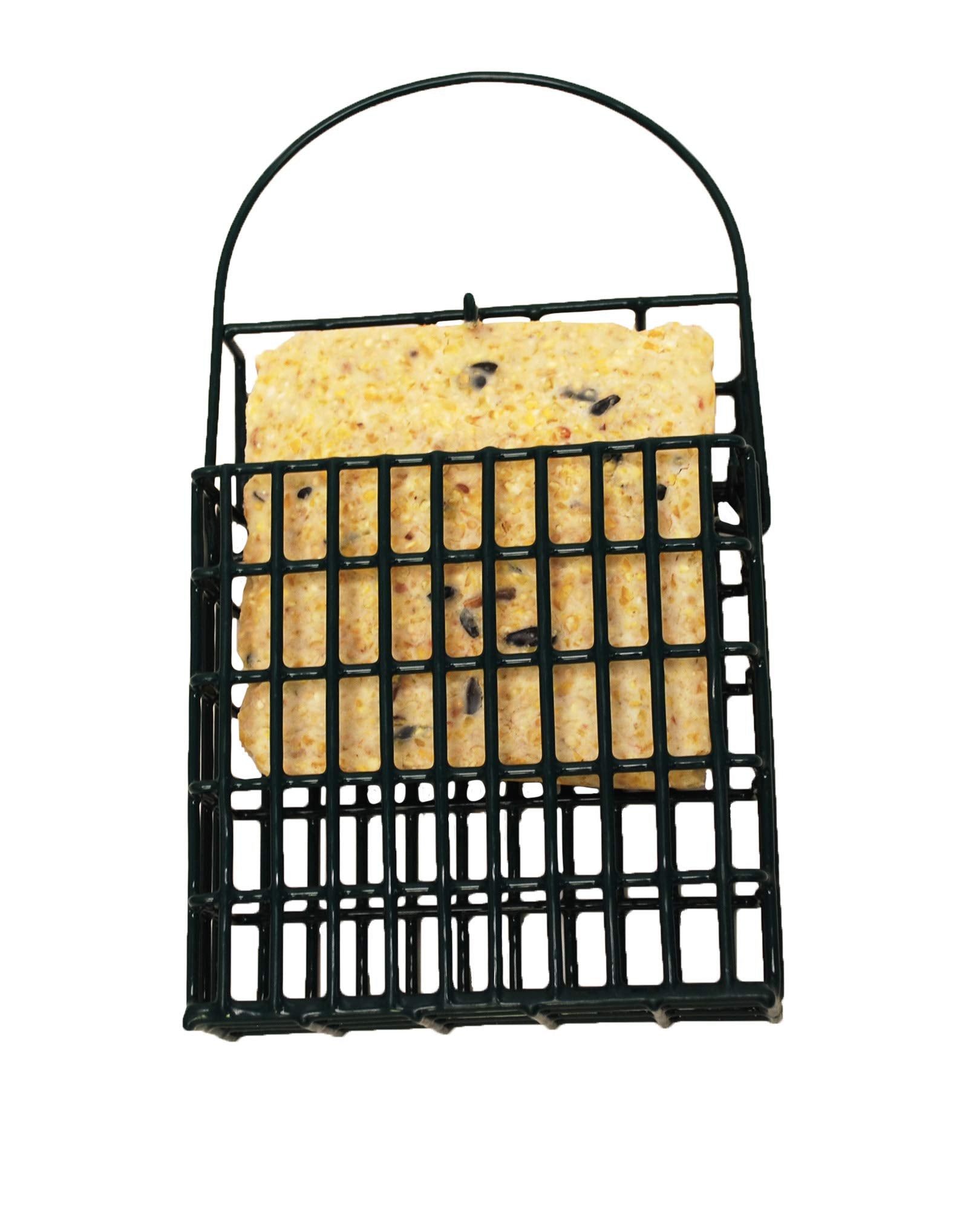 ST. ALBANS BAY SUET PLUS cake placed in metal suet feeder benefit: stable, melt-resistant feed for birds